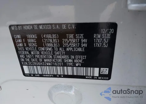 2021 Honda Hr-V Awd Lx from USA, damaged, VIN 3CZRU6H32MM716201